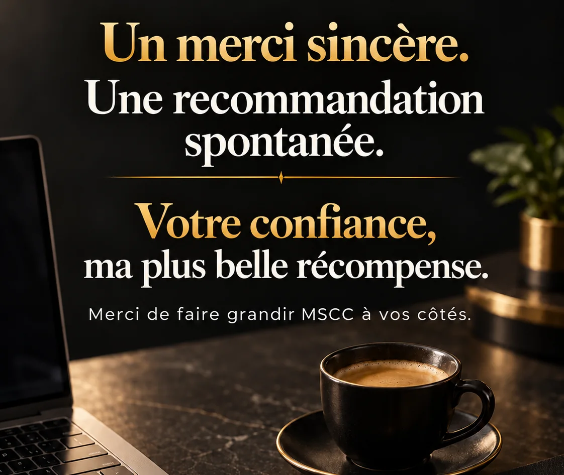 Un merci sincère. Une recommandation spontanée. Votre confiance, ma plus belle récompense. Merci de faire grandir MSCC à vos côtés.